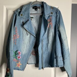 Colleen Lopez Embroidered Denim Moto Jacket Size XL